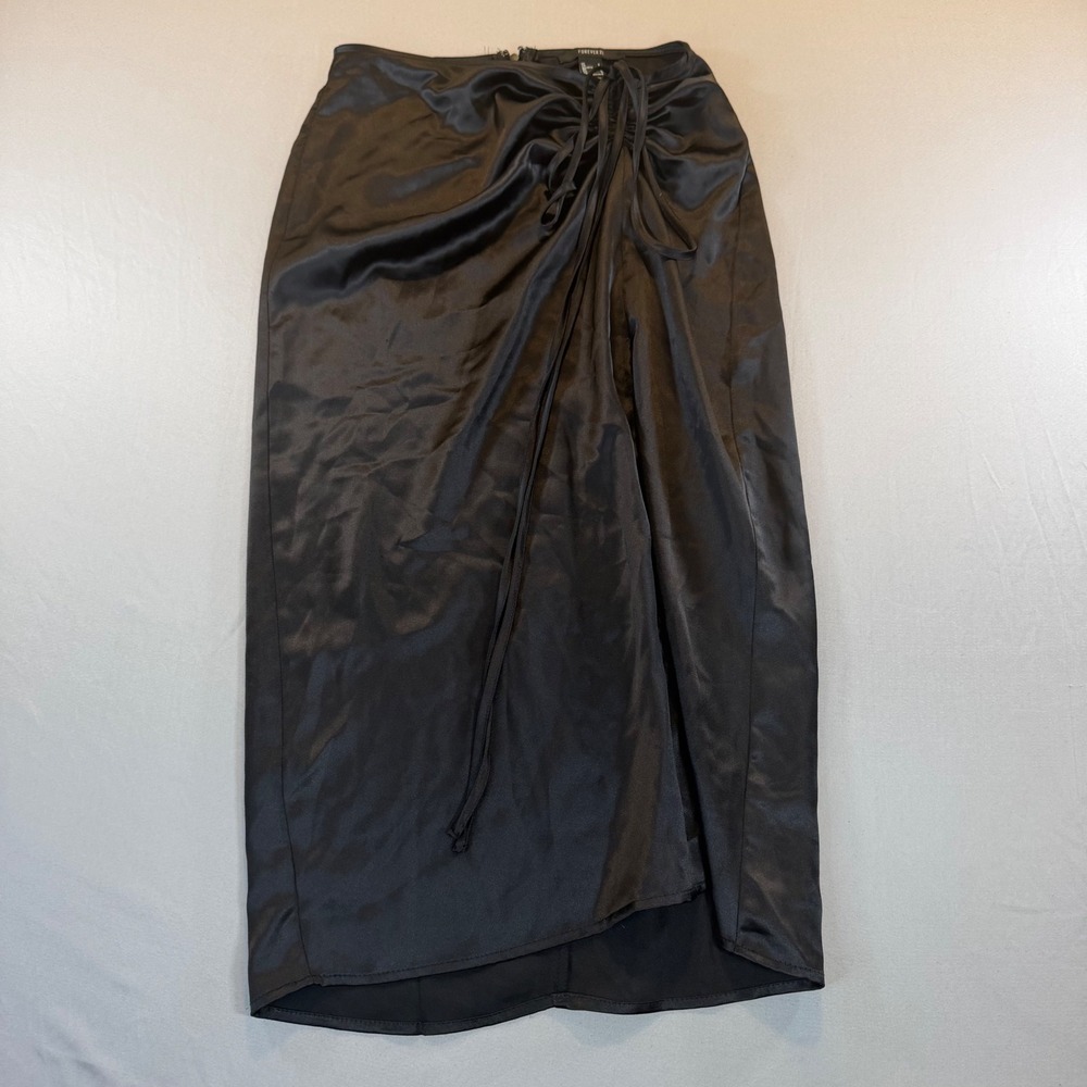 Black Satin Ruched Wrap Midi Skirt Small Slit Fairy Grunge Whimsigoth Witchy Y2K